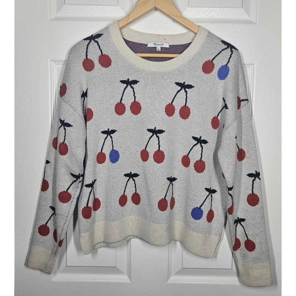 Madewell Cherry Jacquard Pullover Sweater Wool Alpaca Cream‎ Womens S Fruit Cozy